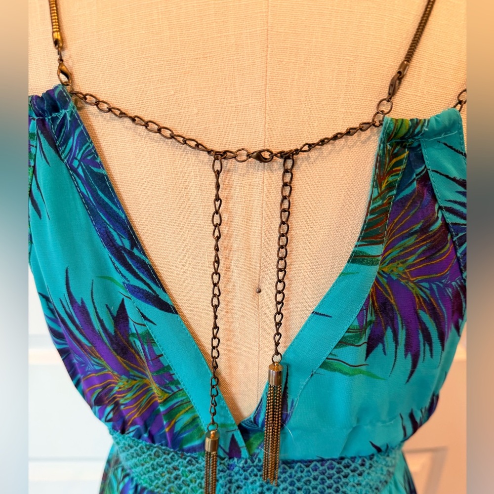 Y2K Tropical Palm Print Mini Dress Teal Chain Back Ruffle Hem Arden B XS - Picture 6 of 10